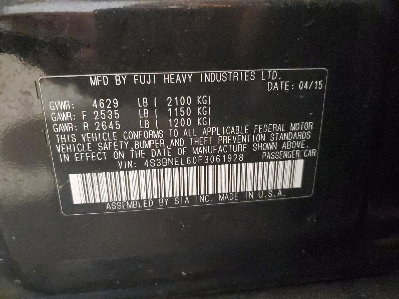 2015 Subaru Legacy 3.6R Limited VIN: 4S3BNEL60F3061928 Lot: 90779775