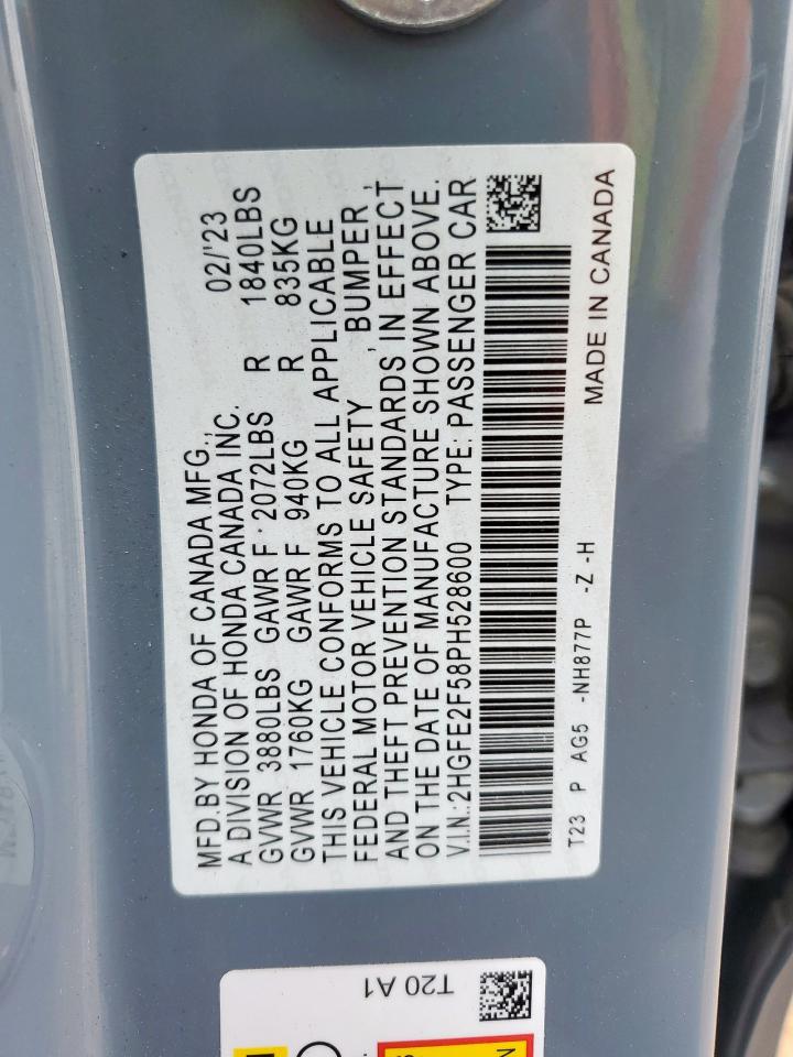 2023 Honda Civic Sport VIN: 2HGFE2F58PH528600 Lot: 62829555