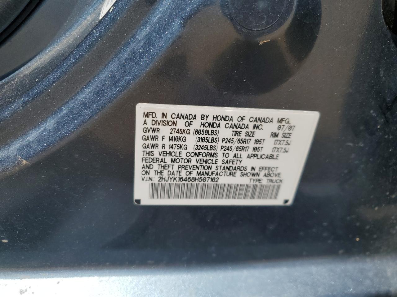 2008 Honda Ridgeline Rts VIN: 2HJYK16468H507162 Lot: 62891355