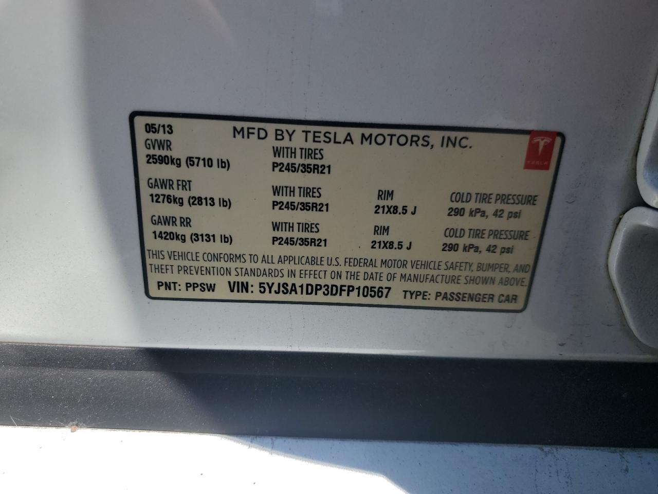 2013 Tesla Model S VIN: 5YJSA1DP3DFP10567 Lot: 58352955