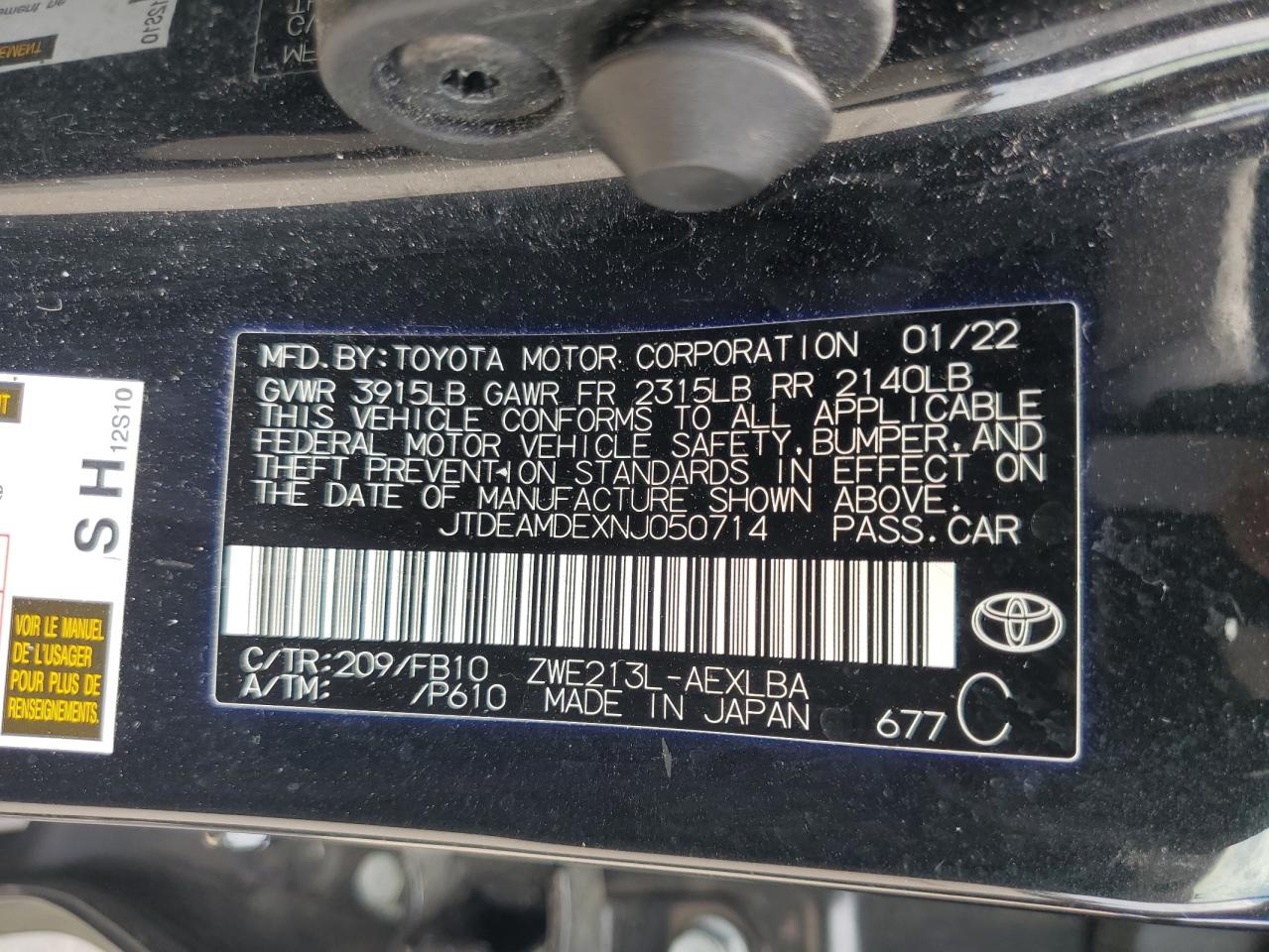 2022 Toyota Corolla Le VIN: JTDEAMDEXNJ050714 Lot: 62021895