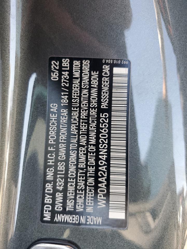2022 Porsche 911 Carrera VIN: WP0AA2A94NS206525 Lot: 59370075
