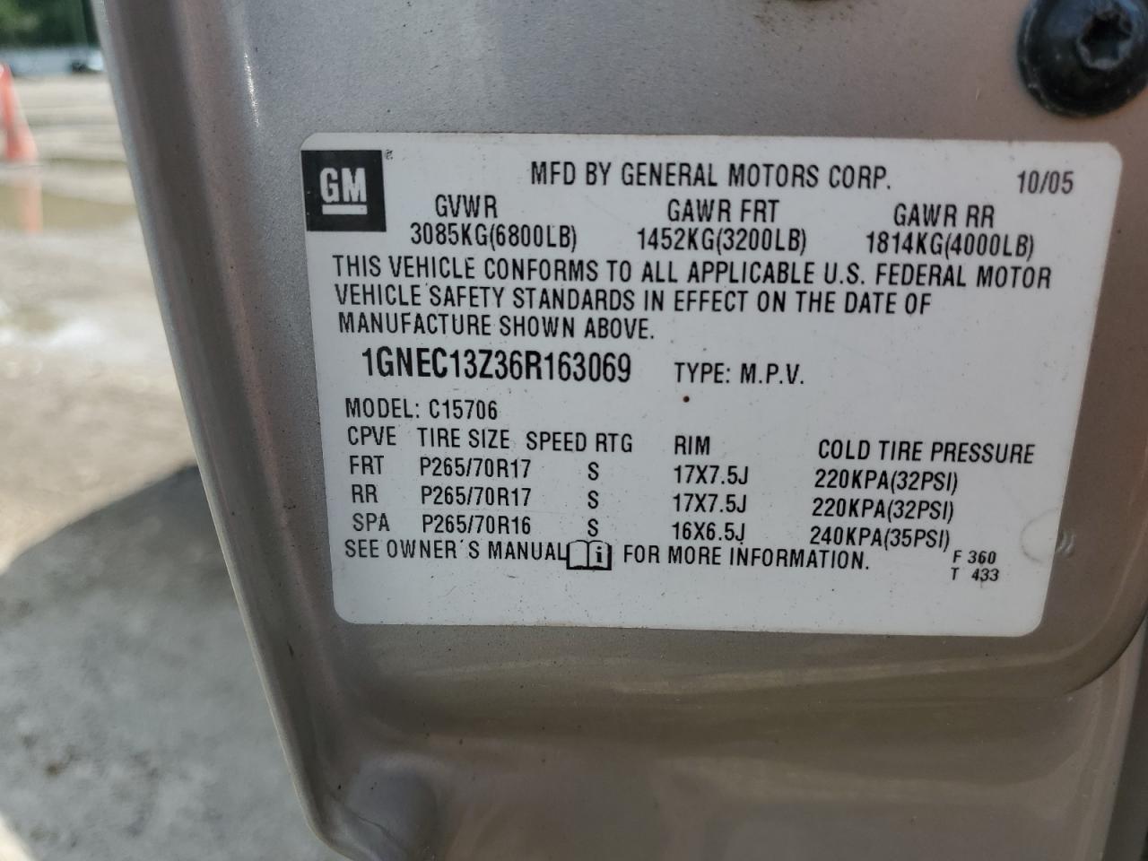 2006 Chevrolet Tahoe C1500 VIN: 1GNEC13Z36R163069 Lot: 52114555