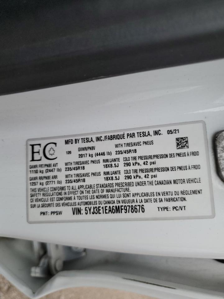 2021 Tesla Model 3 VIN: 5YJ3E1EA6MF978676 Lot: 60858085