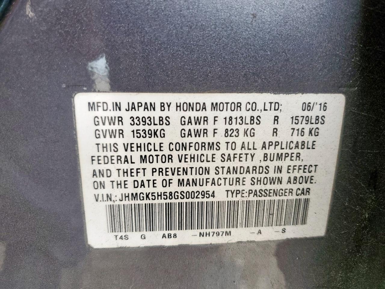 2016 Honda Fit Lx VIN: JHMGK5H58GS002954 Lot: 62926475
