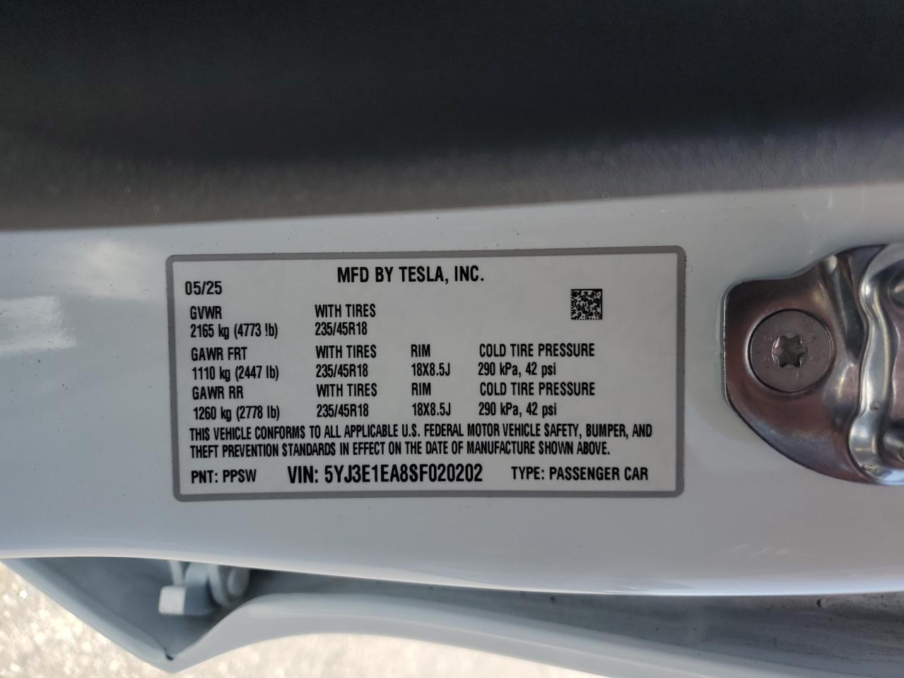 2025 Tesla Model 3 VIN: 5YJ3E1EA8SF020202 Lot: 62727525
