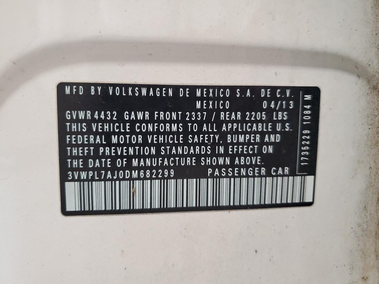 2013 Volkswagen Jetta Tdi VIN: 3VWPL7AJ0DM682299 Lot: 62701995