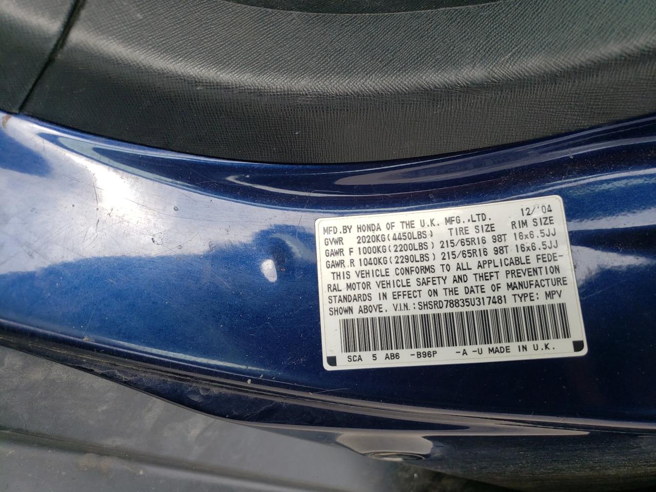 2005 Honda Cr-V Ex VIN: SHSRD78835U317481 Lot: 62736145