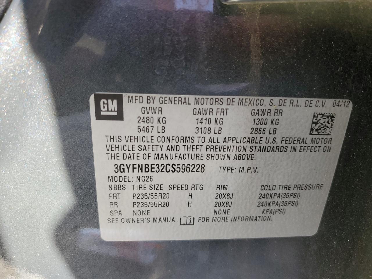 2012 Cadillac Srx Performance Collection VIN: 3GYFNBE32CS596228 Lot: 60002985