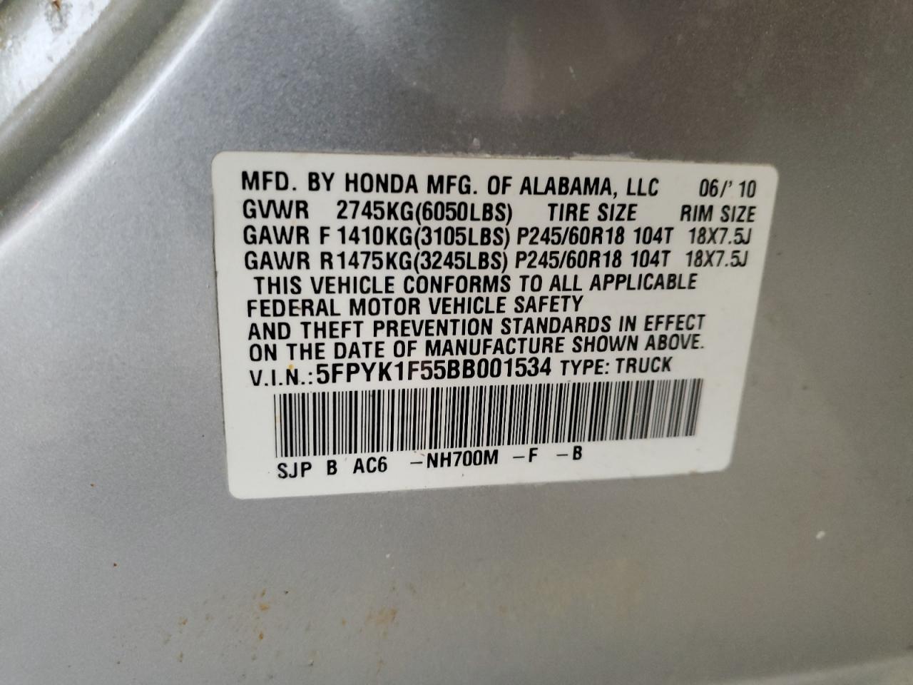 2011 Honda Ridgeline Rtl VIN: 5FPYK1F55BB001534 Lot: 62763095