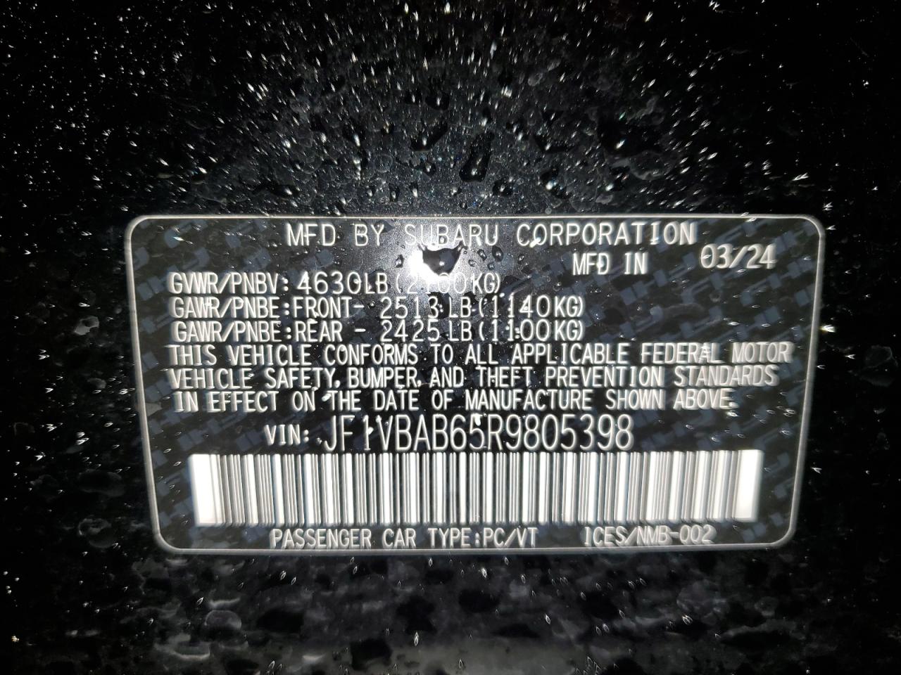 2024 Subaru Wrx VIN: JF1VBAB65R9805398 Lot: 61988965