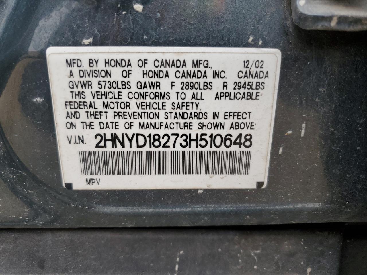 2003 Acura Mdx VIN: 2HNYD18273H510648 Lot: 60805255
