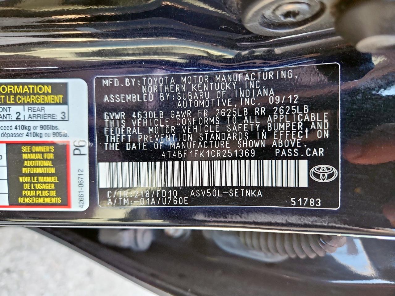 2012 Toyota Camry Base VIN: 4T4BF1FK1CR251369 Lot: 62874175