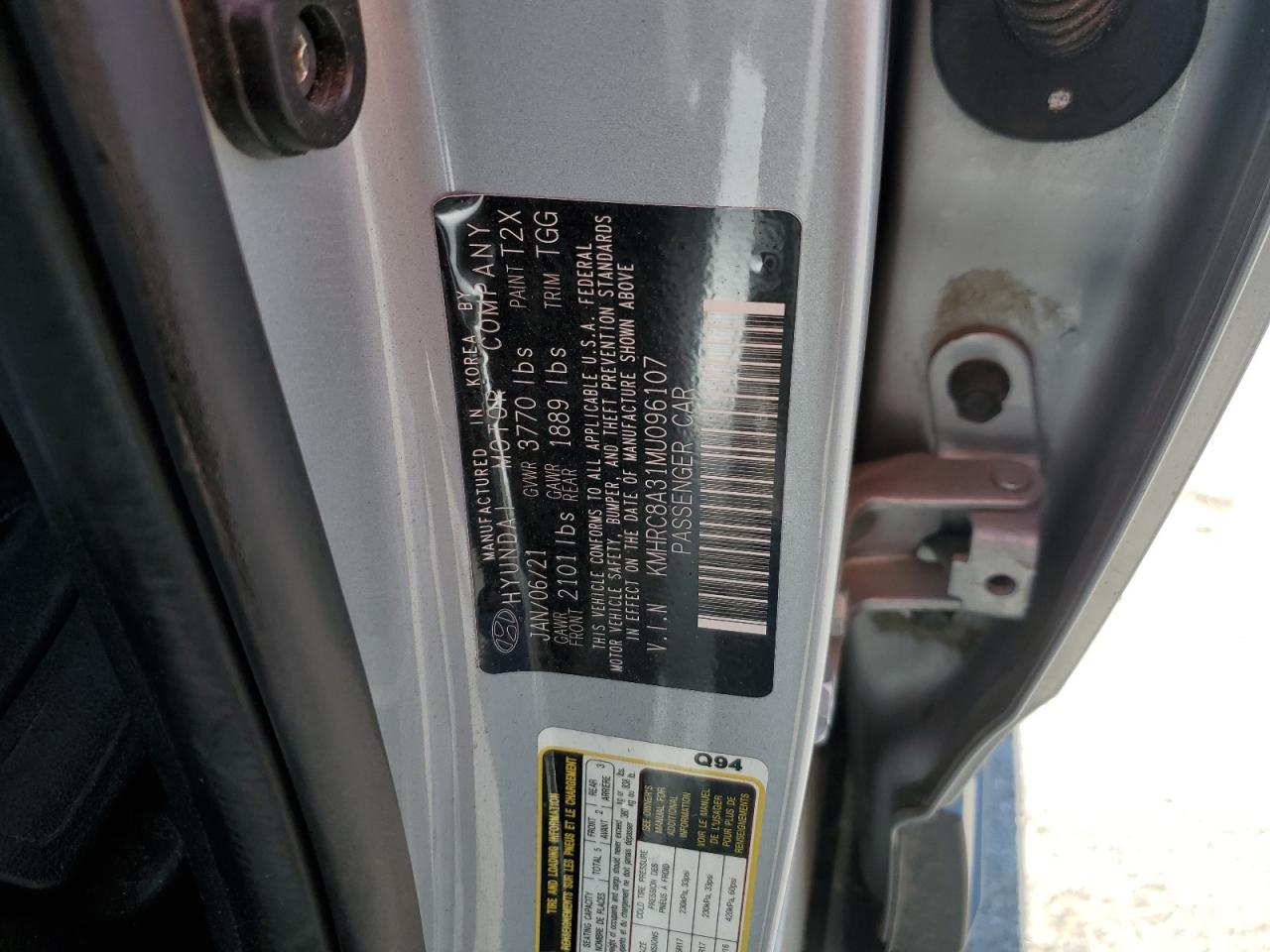 2021 Hyundai Venue Sel VIN: KMHRC8A31MU096107 Lot: 62580405
