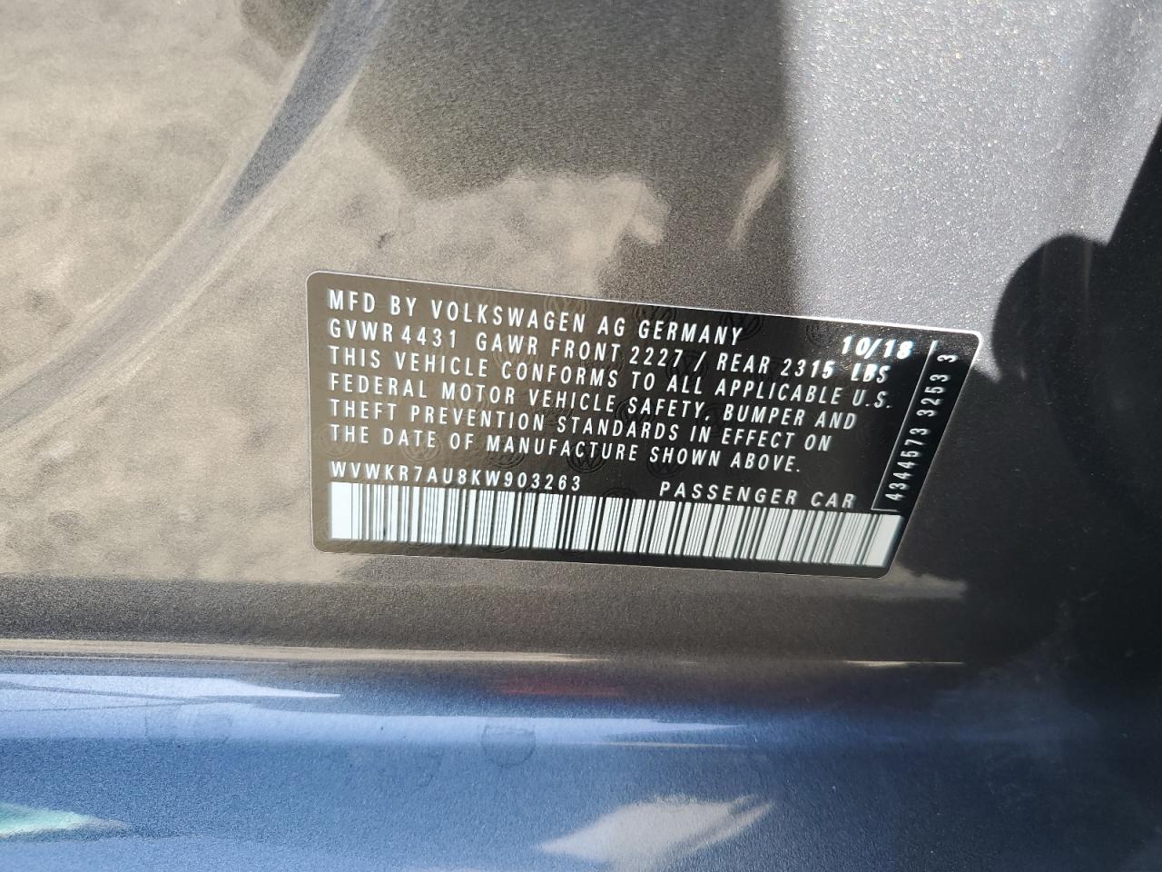2019 Volkswagen E-Golf Se VIN: WVWKR7AU8KW903263 Lot: 60469805