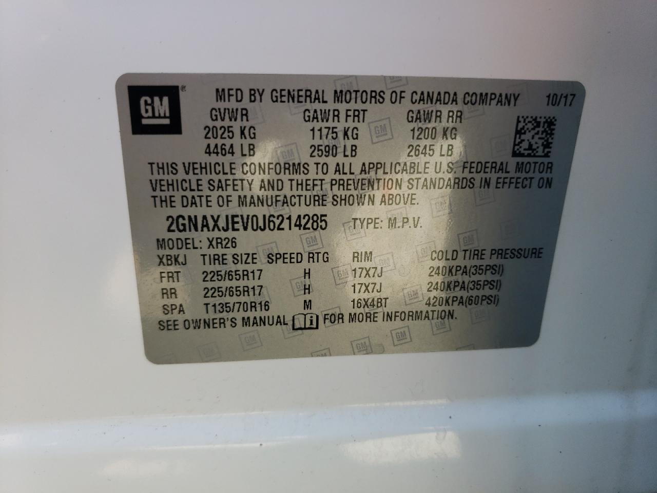 2018 Chevrolet Equinox Lt VIN: 2GNAXJEV0J6214285 Lot: 61585935