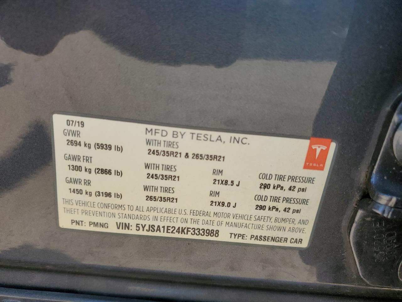 2019 Tesla Model S VIN: 5YJSA1E24KF333988 Lot: 61897765