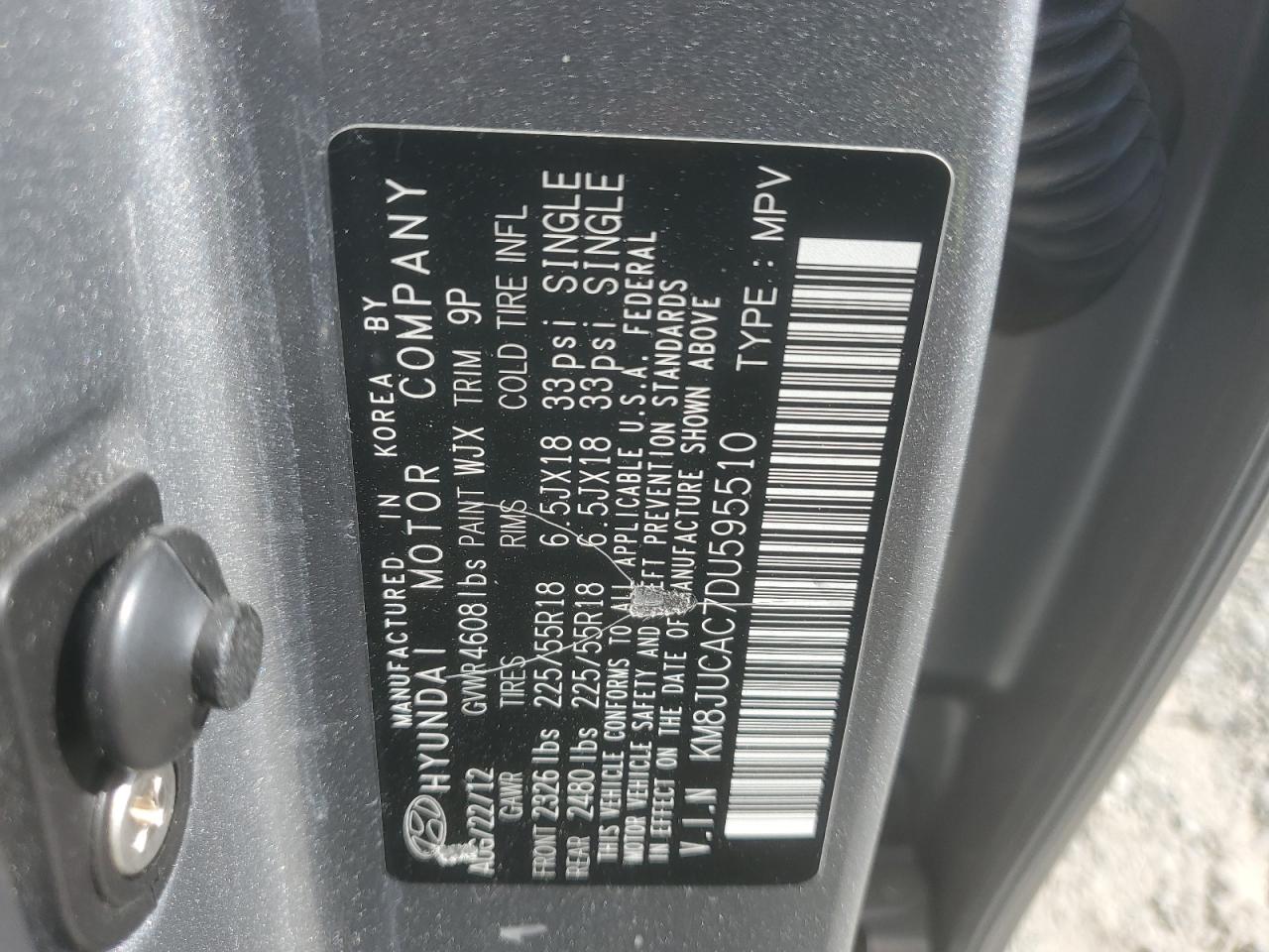 2013 Hyundai Tucson Gls VIN: KM8JUCAC7DU595510 Lot: 62523115
