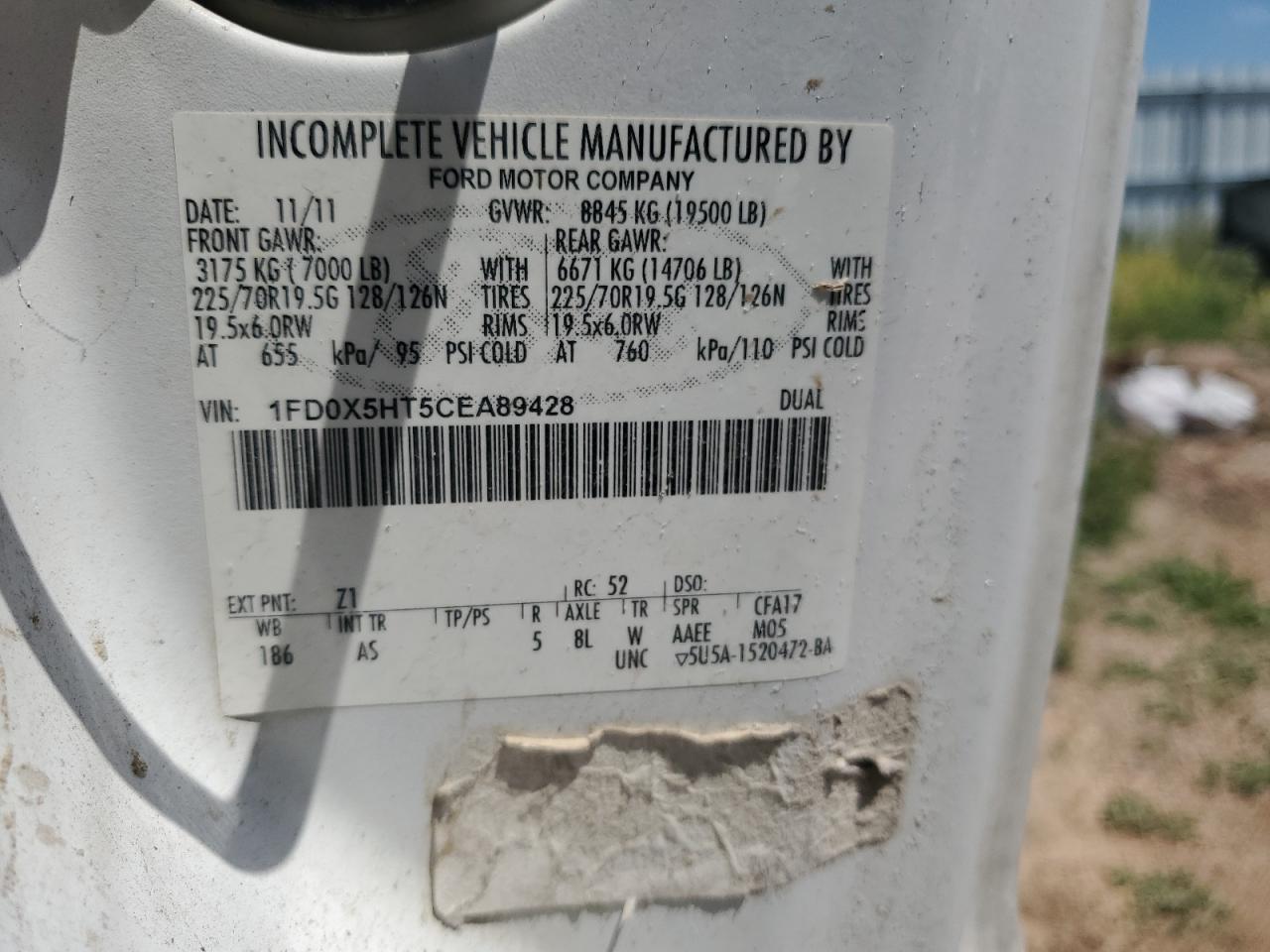 2012 Ford F550 Super Duty VIN: 1FD0X5HT5CEA89428 Lot: 59018355