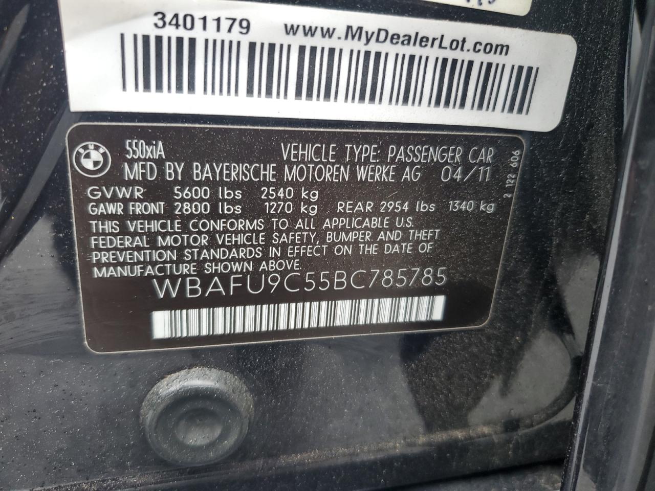 2011 BMW 550 Xi VIN: WBAFU9C55BC785785 Lot: 61176575