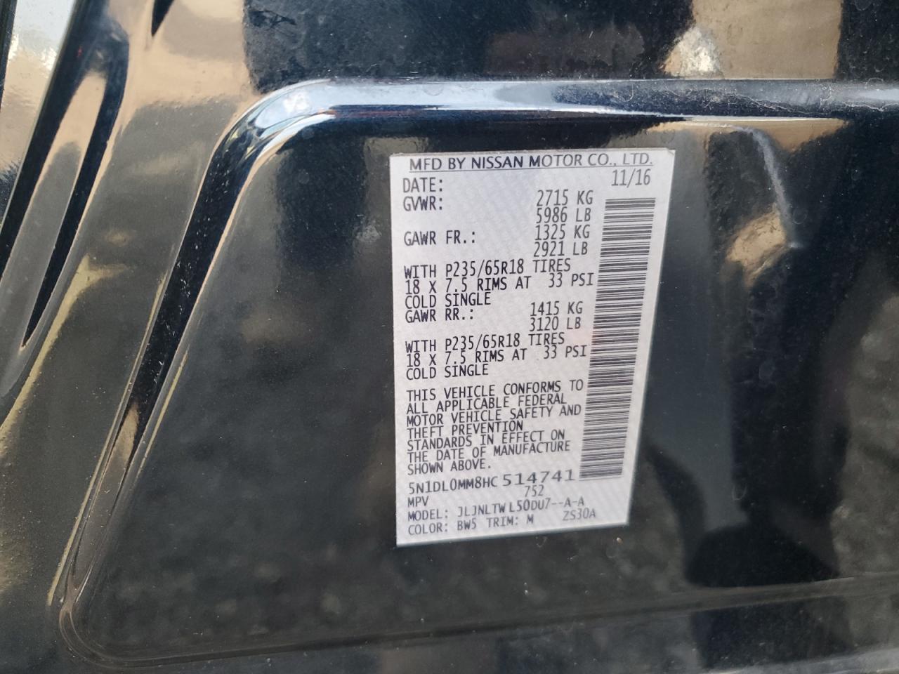 2017 Infiniti Qx60 VIN: 5N1DL0MM8HC514741 Lot: 60372935