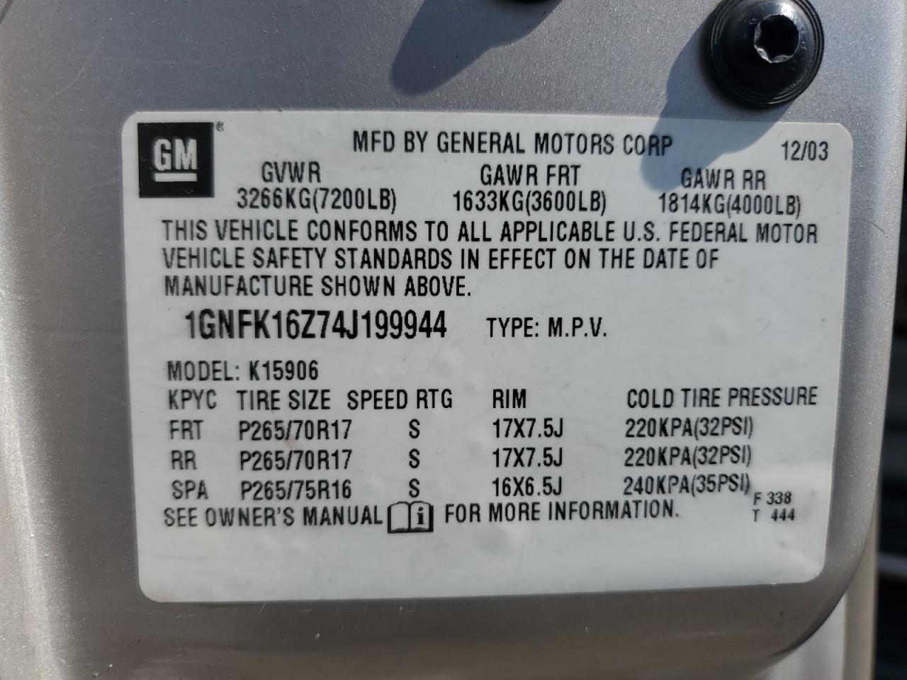 2004 Chevrolet Suburban K1500 VIN: 1GNFK16Z74J199944 Lot: 62146315