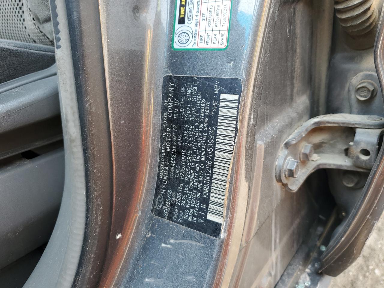 2007 Hyundai Tucson Se VIN: KM8JN12D67U539930 Lot: 60034545