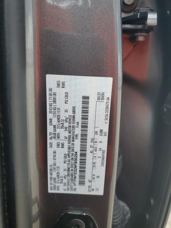 2022 Ford F150 Supercrew VIN: 1FTFW1E52NFB50294 Lot: 61835275