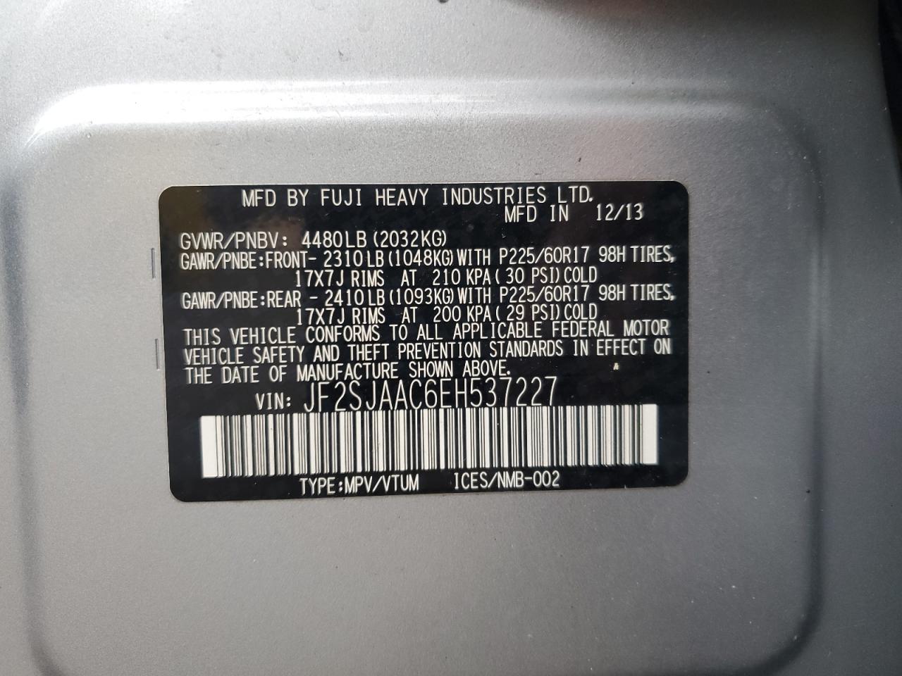 2014 Subaru Forester 2.5I VIN: JF2SJAAC6EH537227 Lot: 62647425