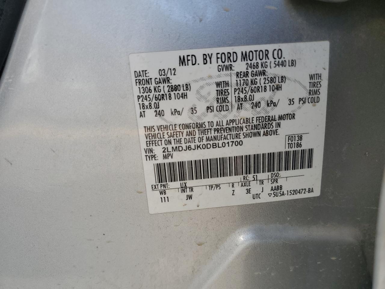 2013 Lincoln Mkx VIN: 2LMDJ6JK0DBL01700 Lot: 62380105