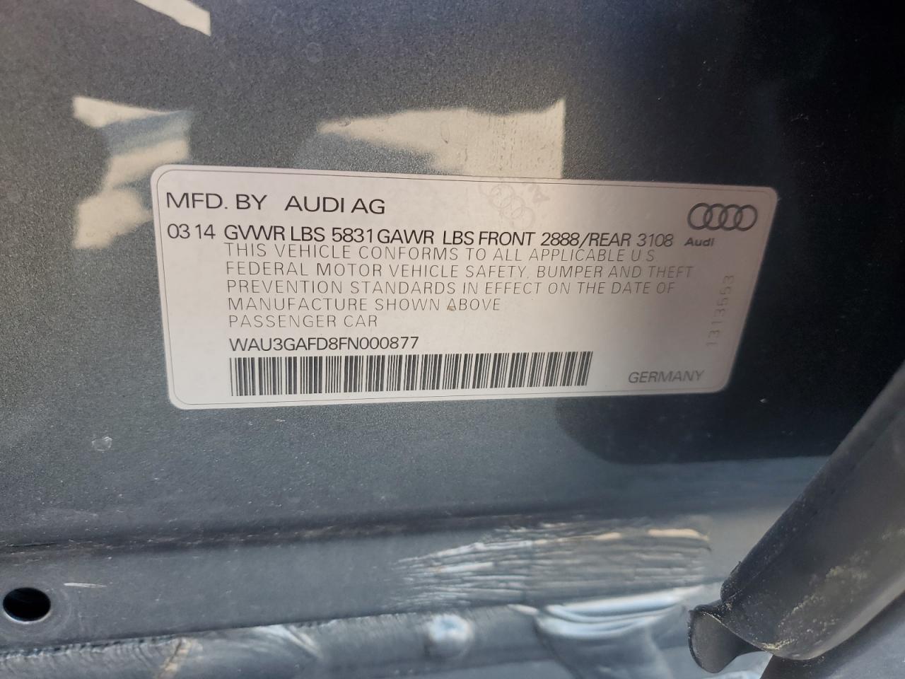 2015 Audi A8 L Quattro VIN: WAU3GAFD8FN000877 Lot: 61749495