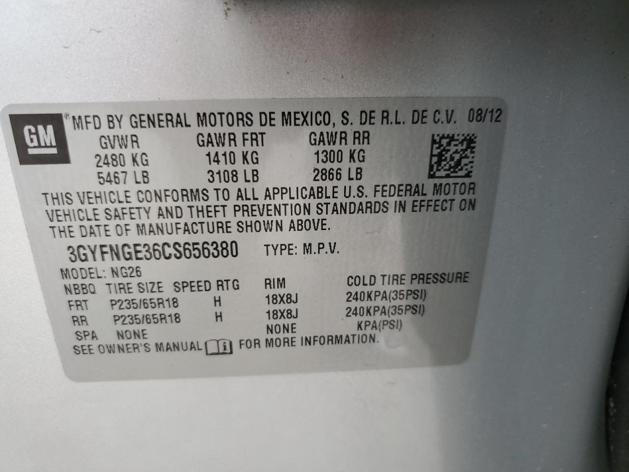 2012 Cadillac Srx VIN: 3GYFNGE36CS656380 Lot: 62984285