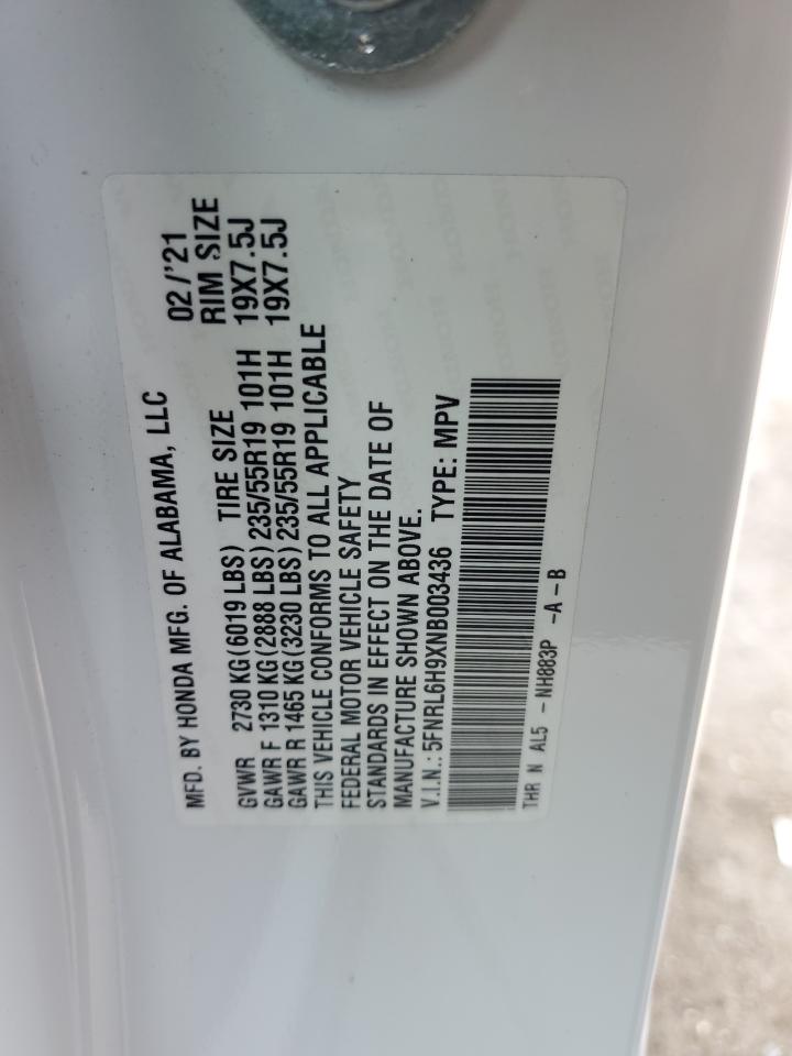 2022 Honda Odyssey Elite VIN: 5FNRL6H9XNB003436 Lot: 59121205
