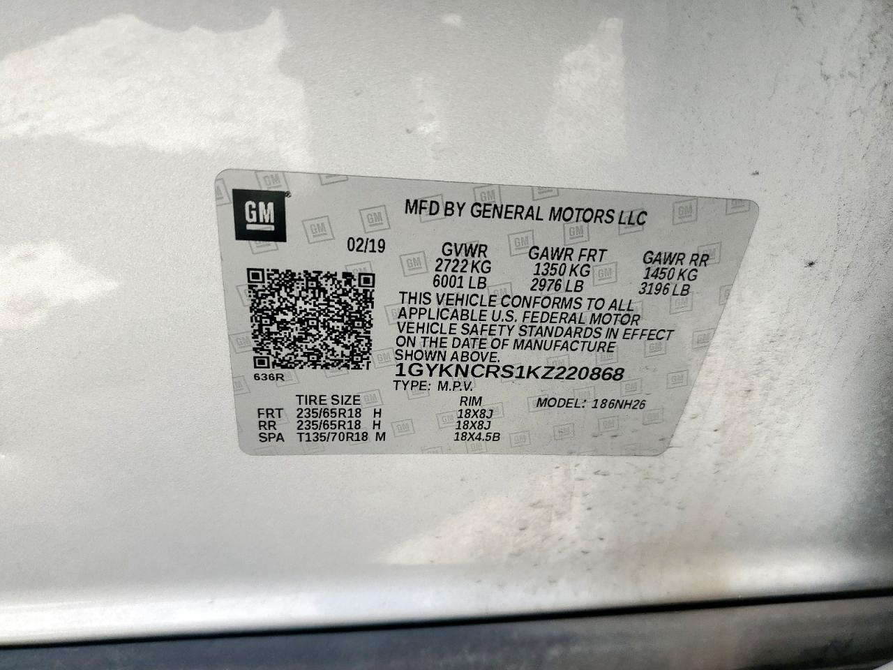 2019 Cadillac Xt5 Luxury VIN: 1GYKNCRS1KZ220868 Lot: 61182305