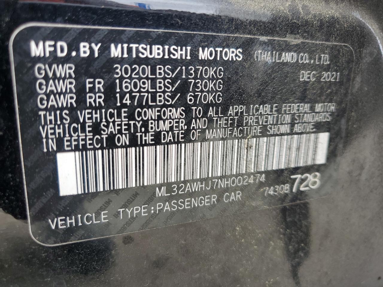 2022 Mitsubishi Mirage Se VIN: ML32AWHJ7NH002474 Lot: 62703545