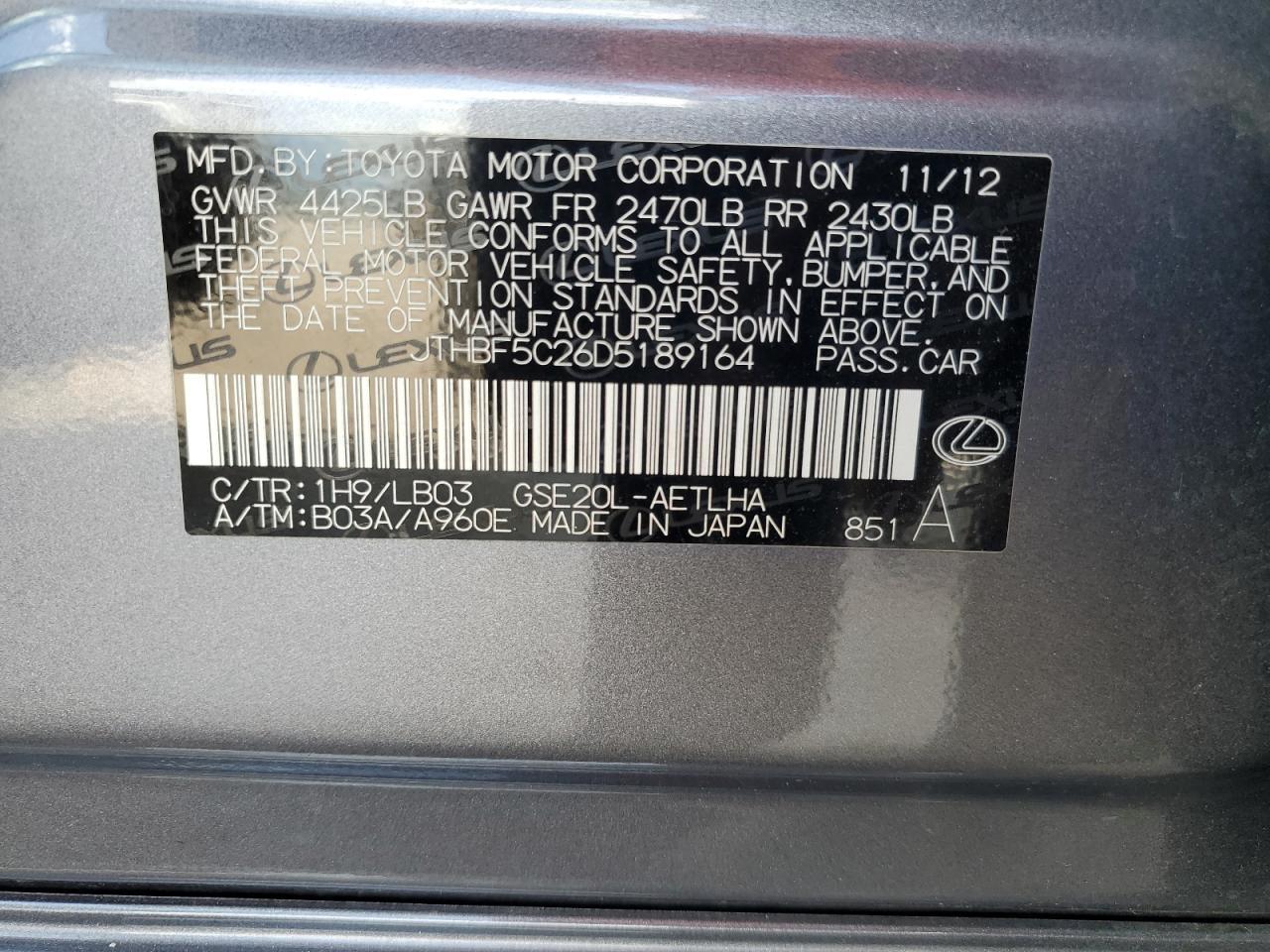 2013 Lexus Is 250 VIN: JTHBF5C26D5189164 Lot: 61535915