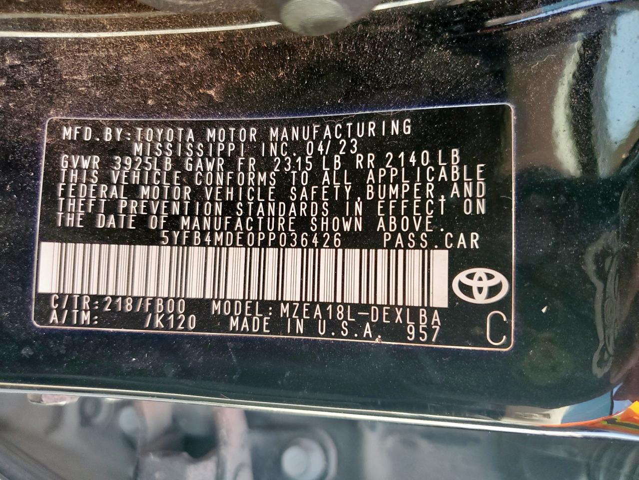2023 Toyota Corolla Le VIN: 5YFB4MDE0PP036426 Lot: 62957545