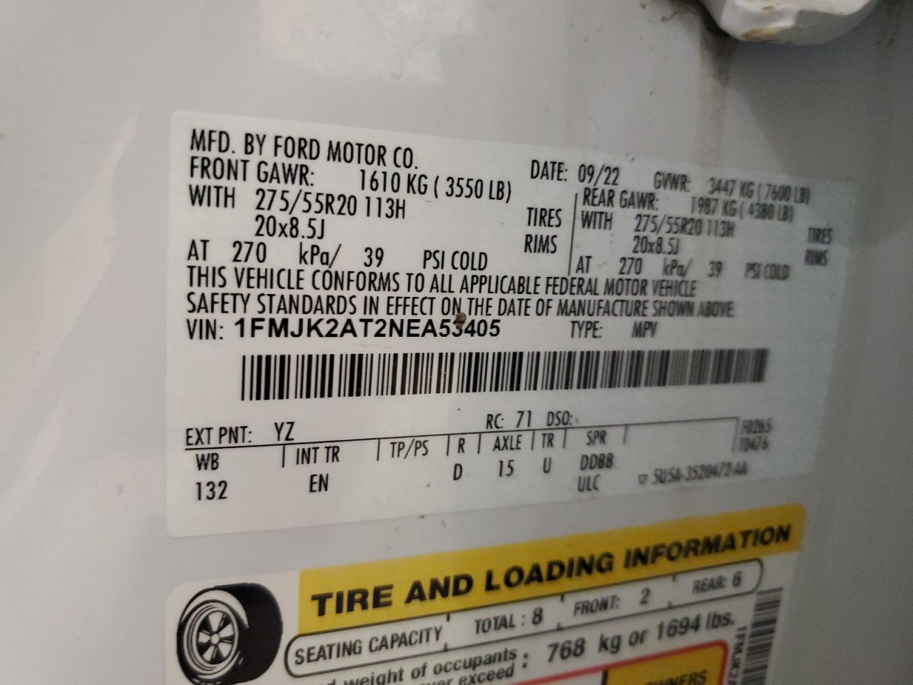 2022 Ford Expedition Max Limited VIN: 1FMJK2AT2NEA53405 Lot: 62352005