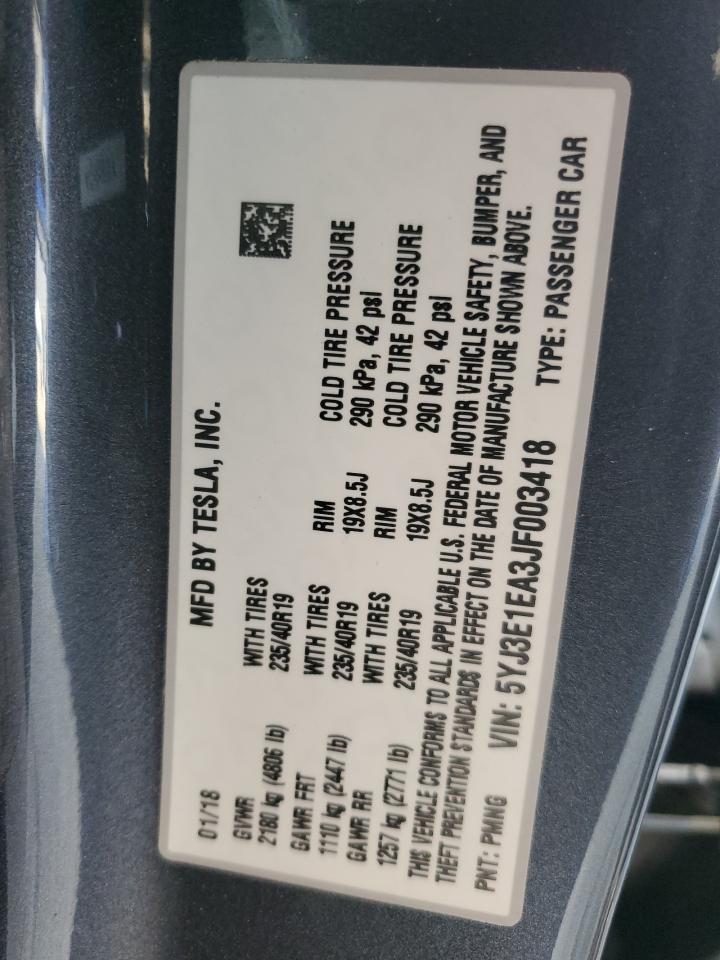 2018 Tesla Model 3 VIN: 5YJ3E1EA3JF003418 Lot: 62961845