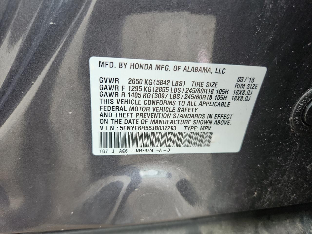 2018 Honda Pilot Exl VIN: 5FNYF6H55JB037293 Lot: 62169825