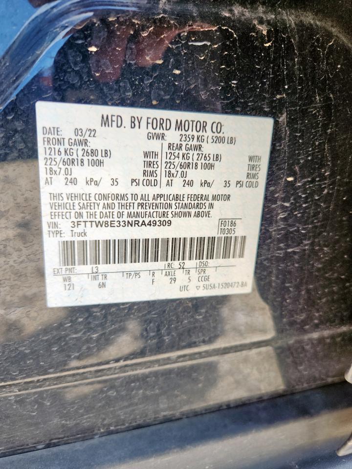 2022 Ford Maverick Xl VIN: 3FTTW8E33NRA49309 Lot: 59789695