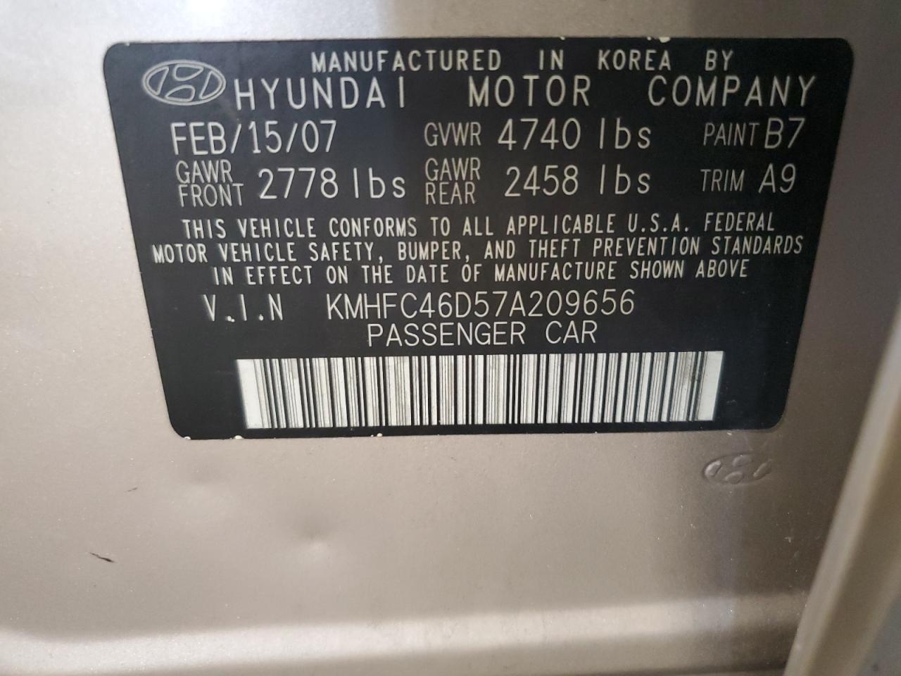 2007 Hyundai Azera Gls VIN: KMHFC46D57A209656 Lot: 61569745
