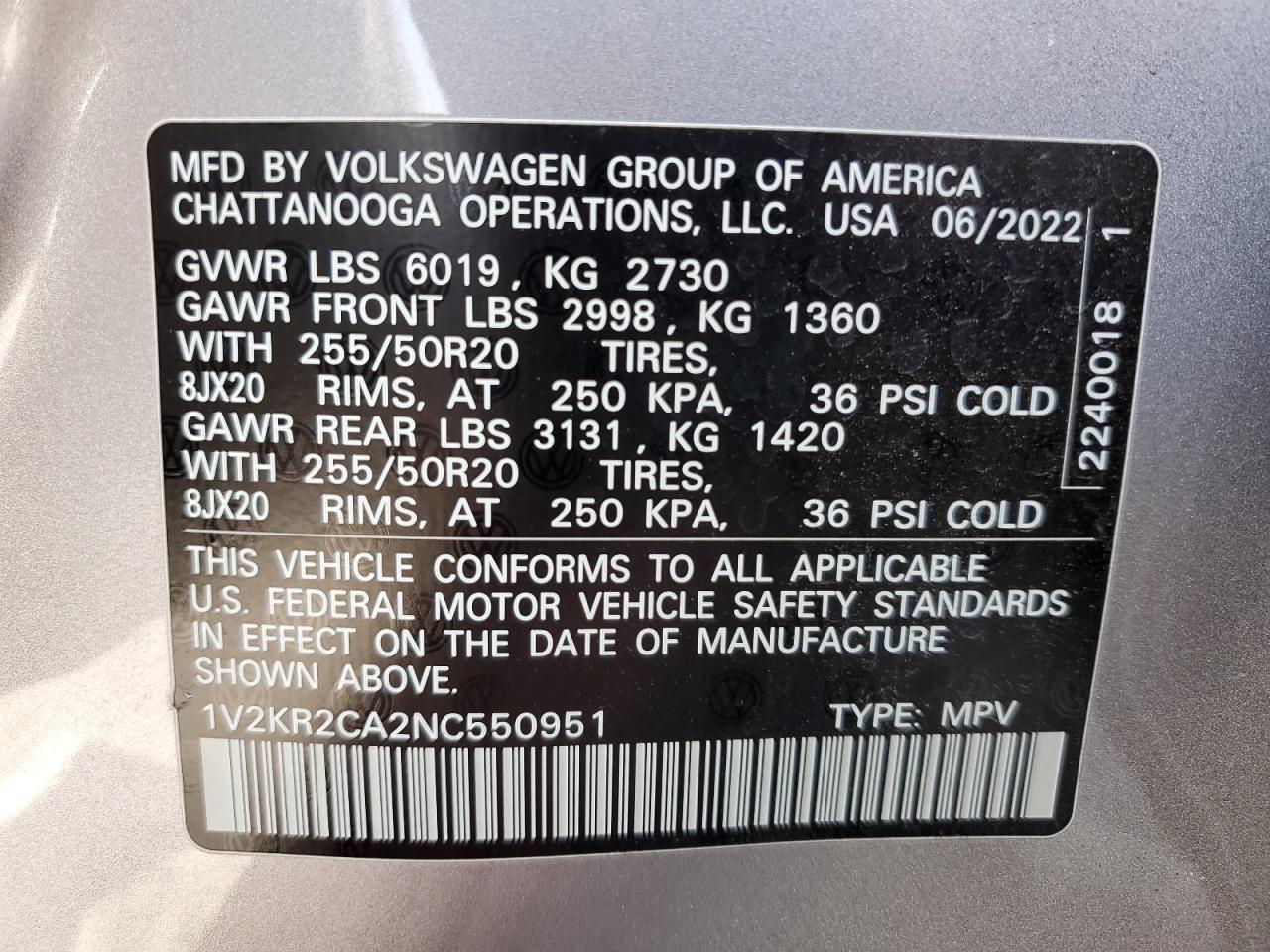 2022 Volkswagen Atlas Se VIN: 1V2KR2CA2NC550951 Lot: 62489345