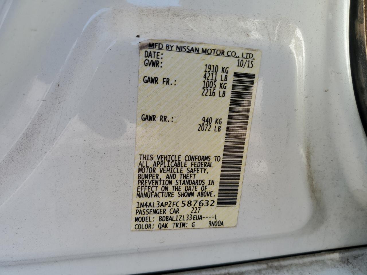 NISSAN ALTIMA 2015 VIN 1N4AL3AP2FC587632 photo 12
