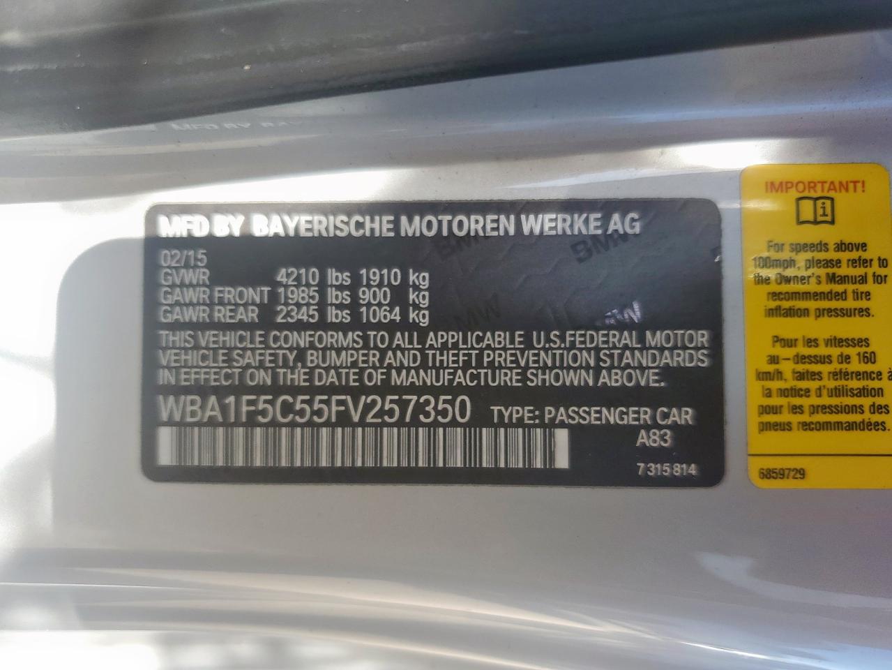 2015 BMW 228 I VIN: WBA1F5C55FV257350 Lot: 61639045