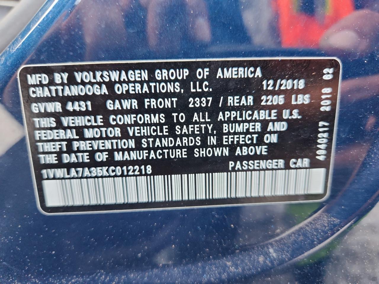 VOLKSWAGEN PASSAT 2019 VIN 1VWLA7A35KC012218 фото 12