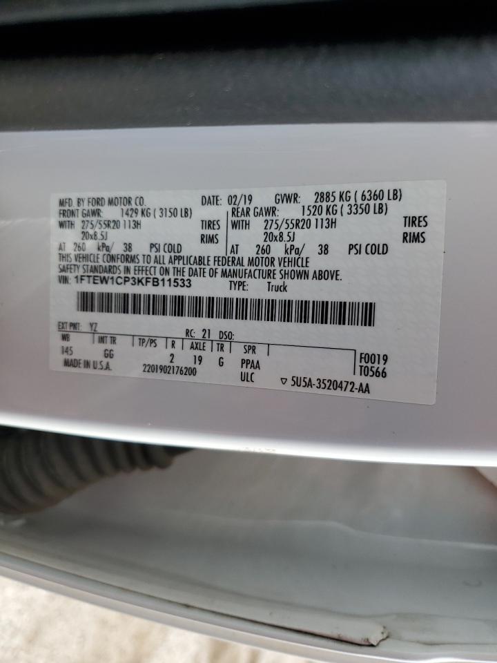 2019 Ford F150 Supercrew VIN: 1FTEW1CP3KFB11533 Lot: 62577115