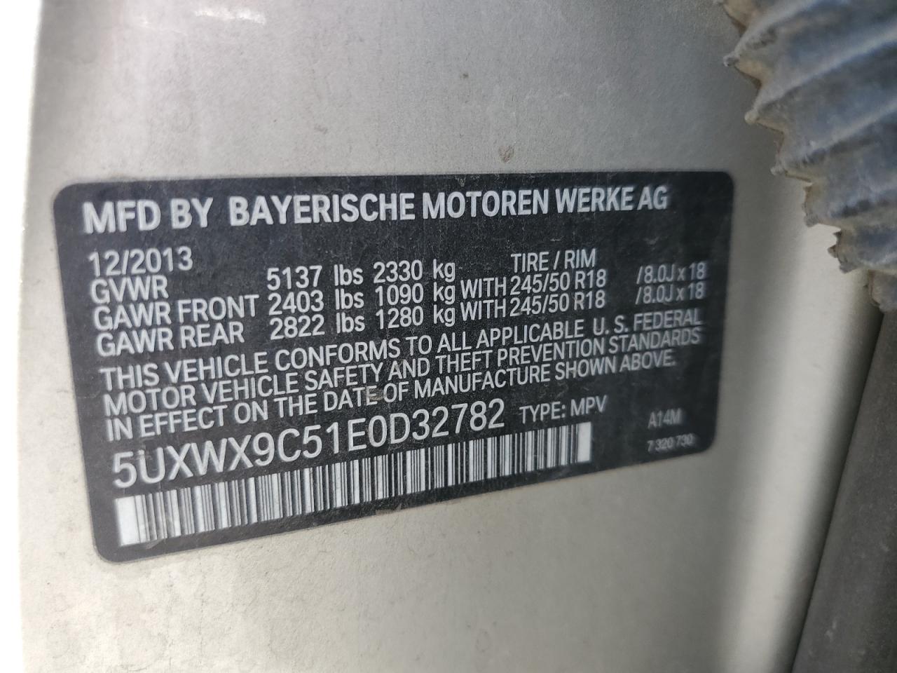 2014 BMW X3 xDrive28I VIN: 5UXWX9C51E0D32782 Lot: 60716315