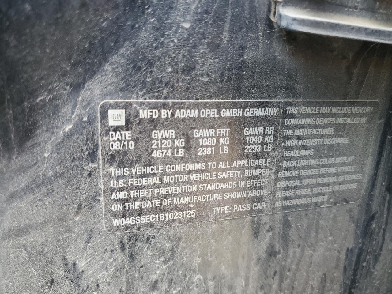 2011 Buick Regal Cxl VIN: W04GS5EC1B1023125 Lot: 60620595