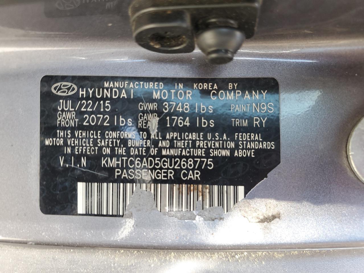 2016 Hyundai Veloster VIN: KMHTC6AD5GU268775 Lot: 62001495